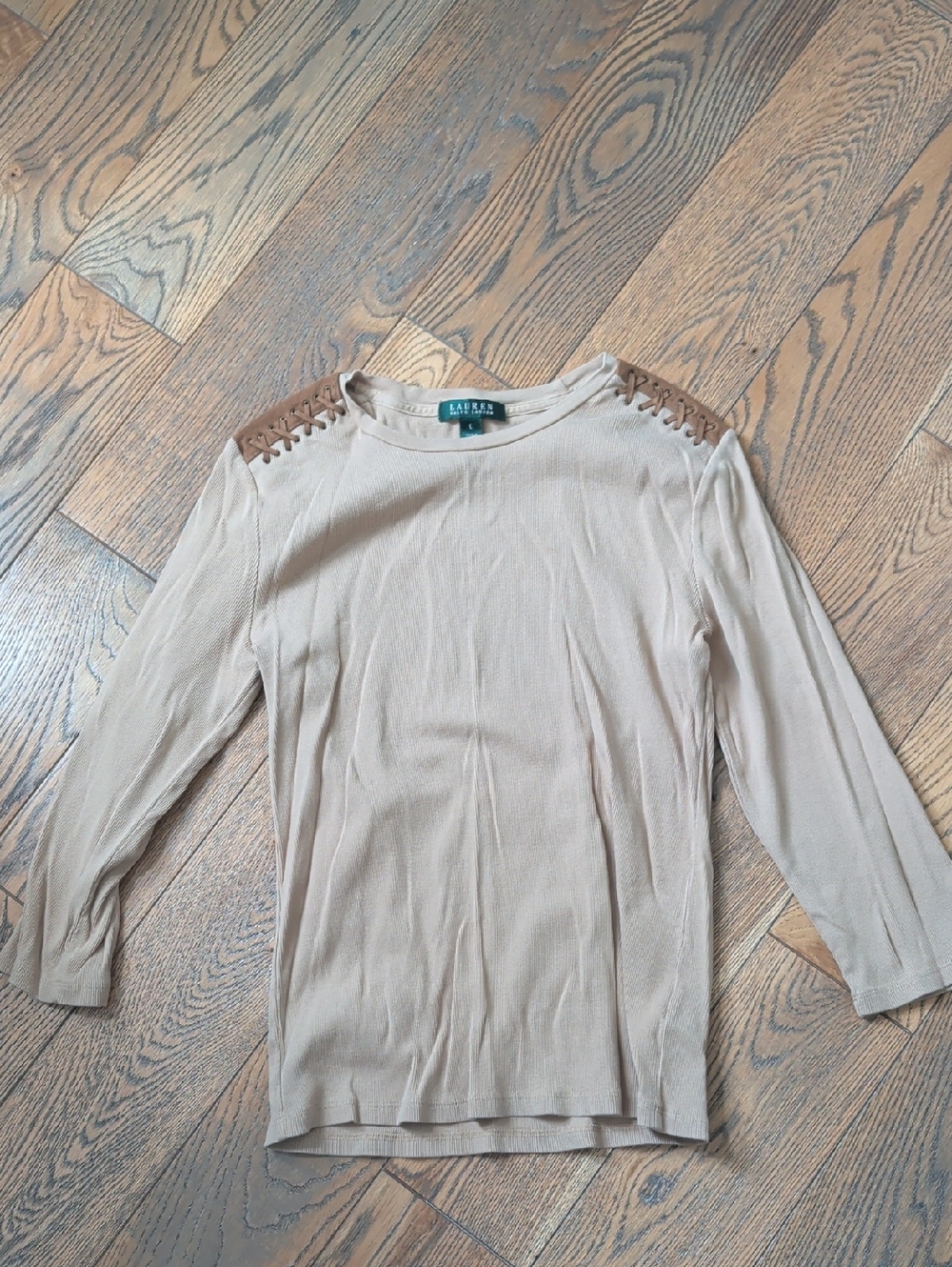 Lauren Ralph Lauren Beige Long-Sleeve Knit Top with Brown Shoulder Lacing